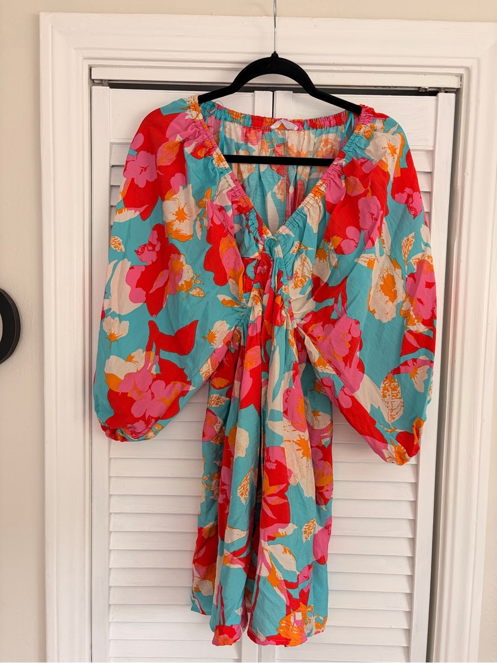 Bright Floral Tie-Front Women’s Dress in Turquoise & Pink